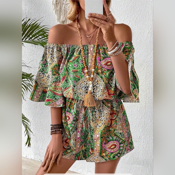 HYFVE Pants - HYFVE Green Paisley Off-Shoulder Romper With Tie And Elastic Waist